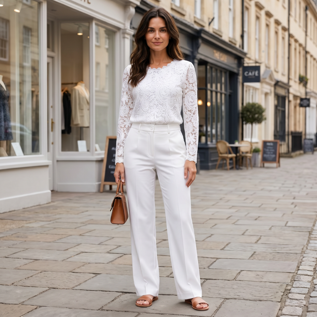 White lace top tucked into white wide leg trousers on a city street