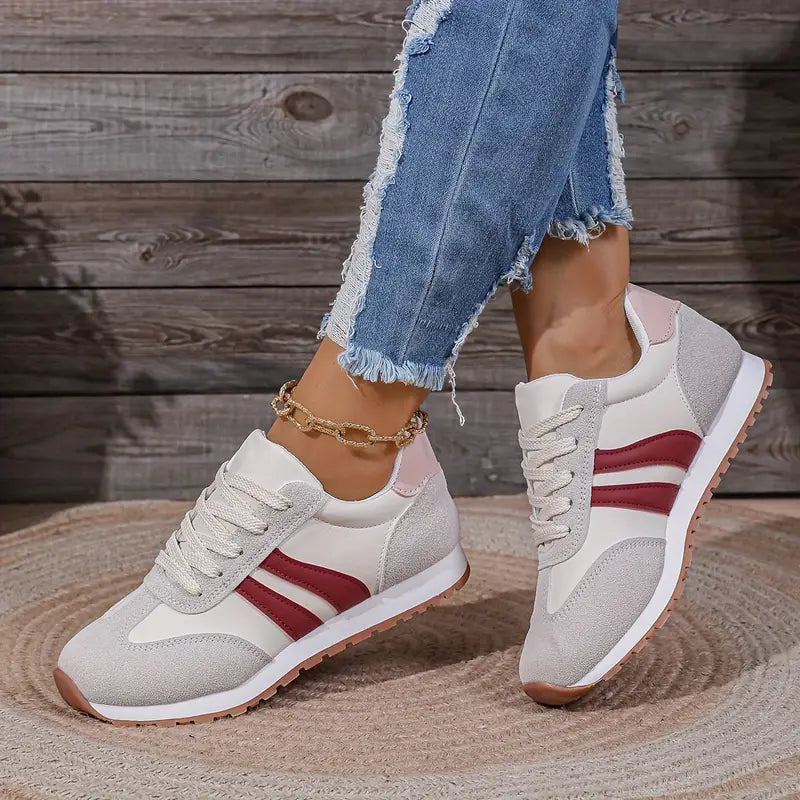 Women's lace up trainers in red, striped cushioned sole retro
