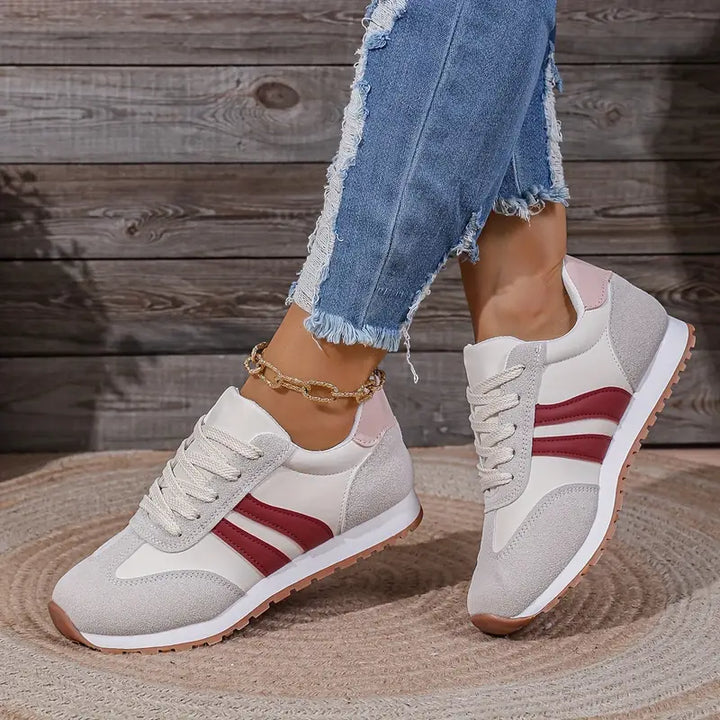 Women's lace up trainers in red, striped cushioned sole retro