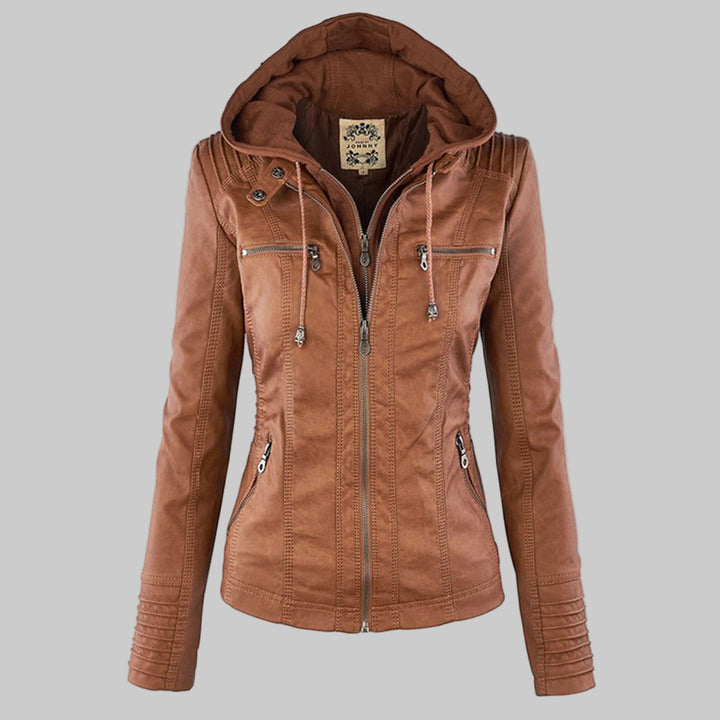 Women's leather-look jacket in tan, hooded zip biker