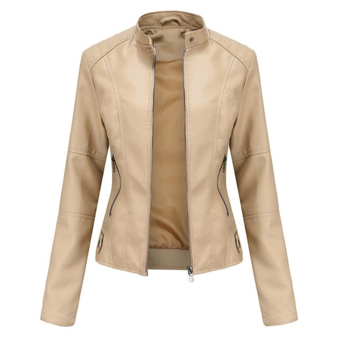 Women's leather-look jacket in beige, stand collar zip biker
