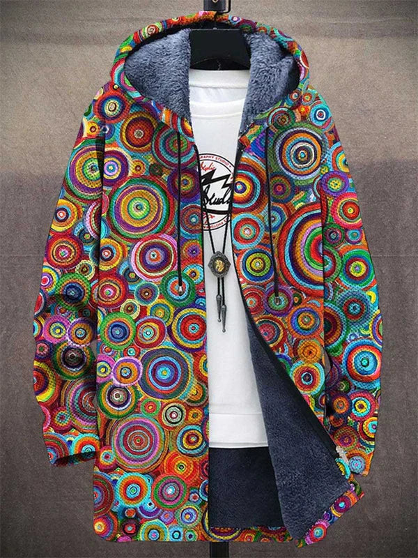 Women's long hooded cardigan in multicolour with rainbow circle print and fleece-lined hood