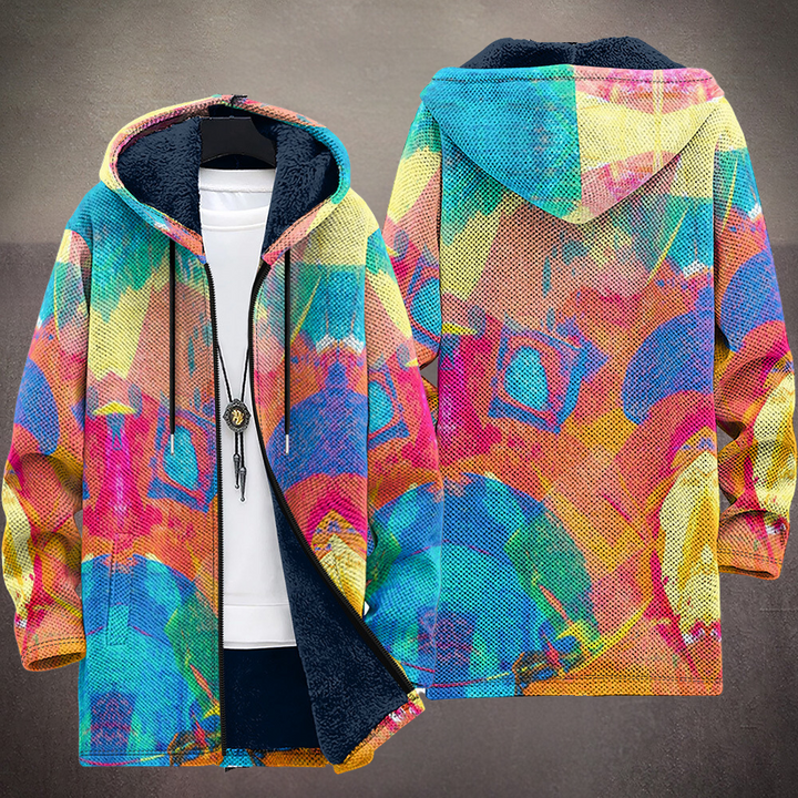 Front and back of the watercolour print cardigan showing the hood and colourful back