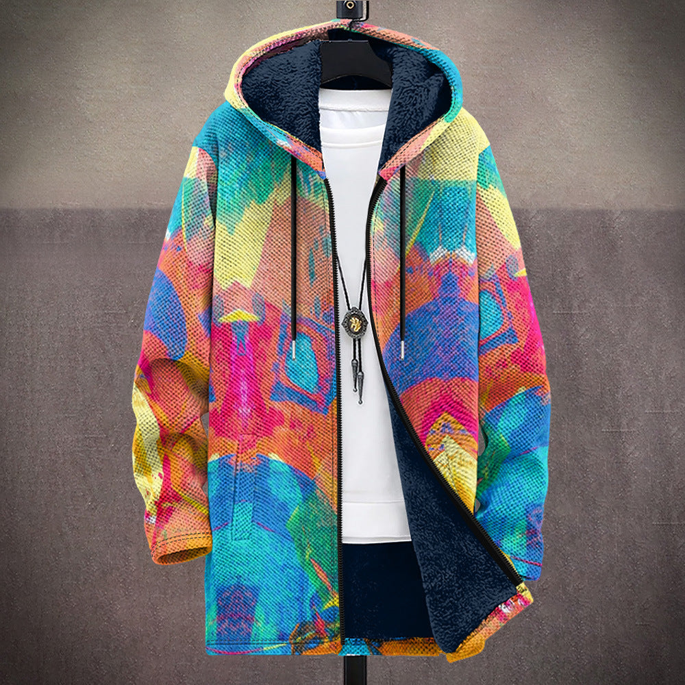 Women's long hooded cardigan in multicolour with watercolour print and fleece lining