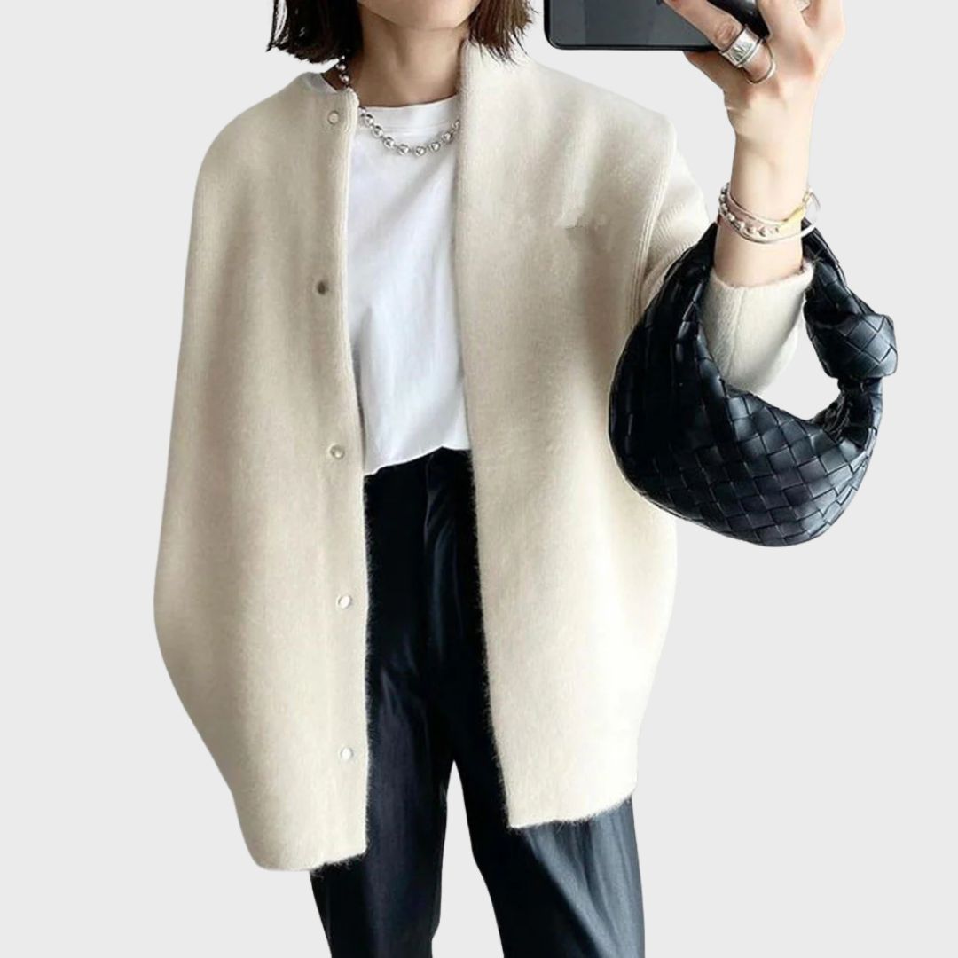 Women's long cardigan in white, oversized crew neck button front