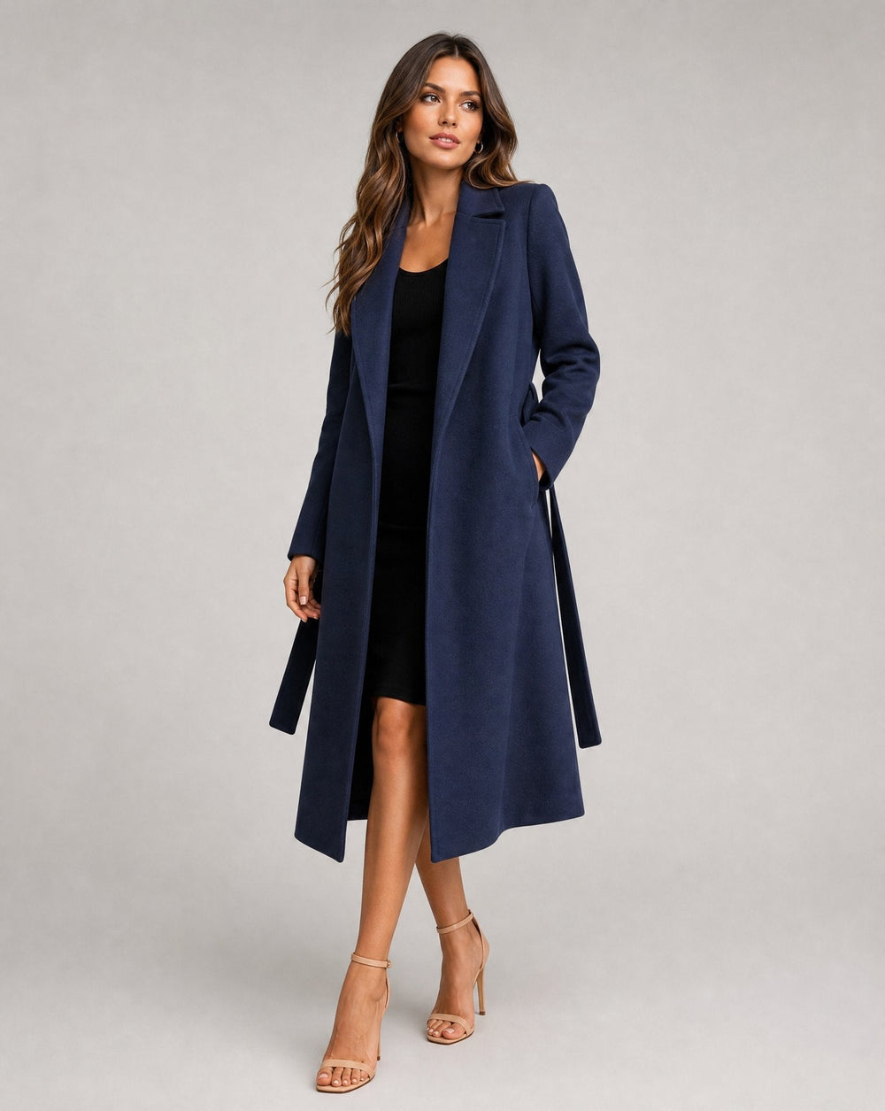 Long Coat in navy, on model, view 2