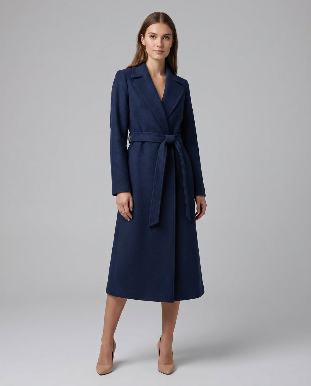 Long Coat in navy, on model, view 3