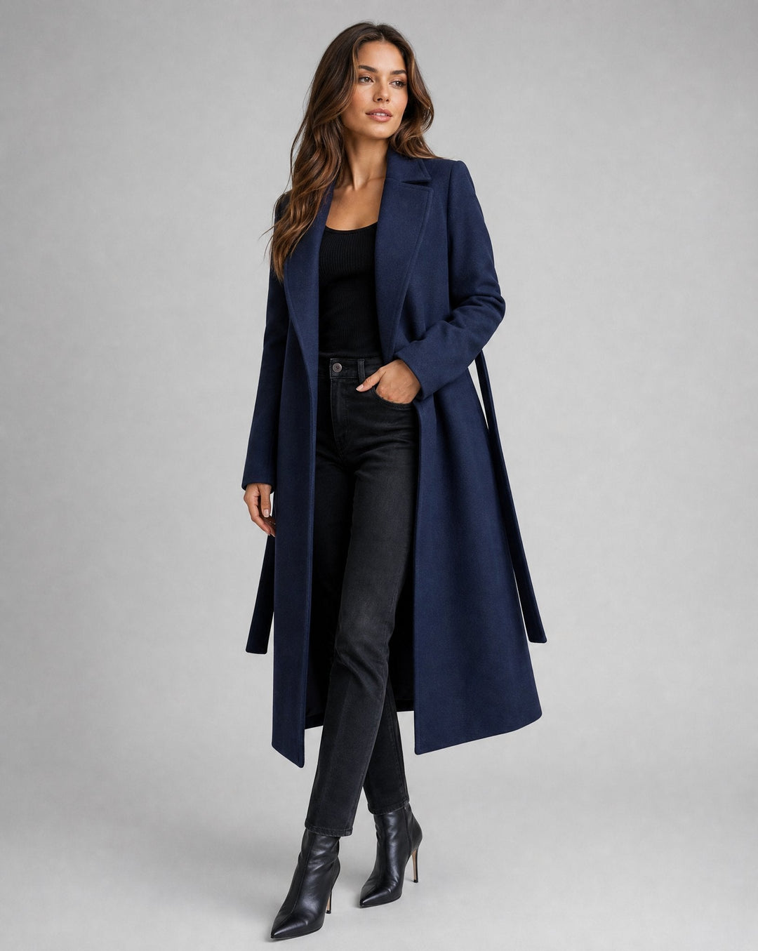 Women's long coat in navy, belted wrap with notch lapel