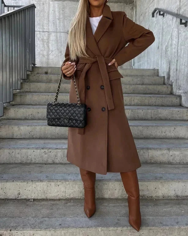 Women's long coat in brown, double breasted belted notch lapel