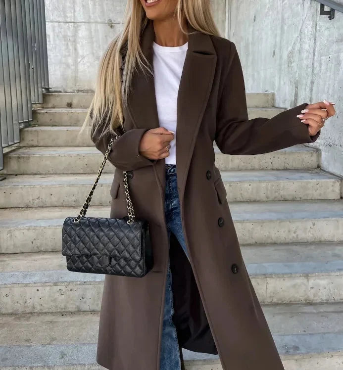 Women's long coat in dark brown, double breasted belted notch lapel