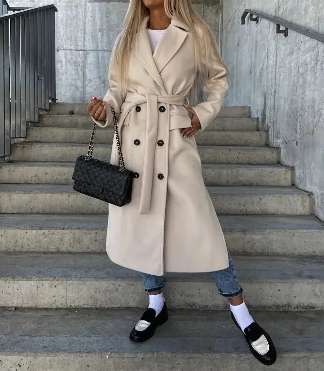 Women's long coat in khaki, double breasted belted notch lapel