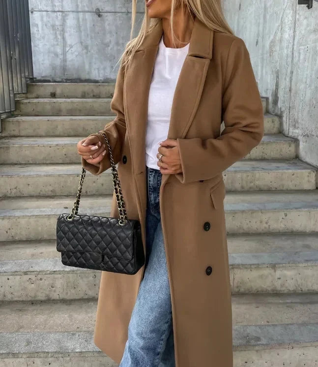 Women's long coat in light brown, double breasted belted notch lapel