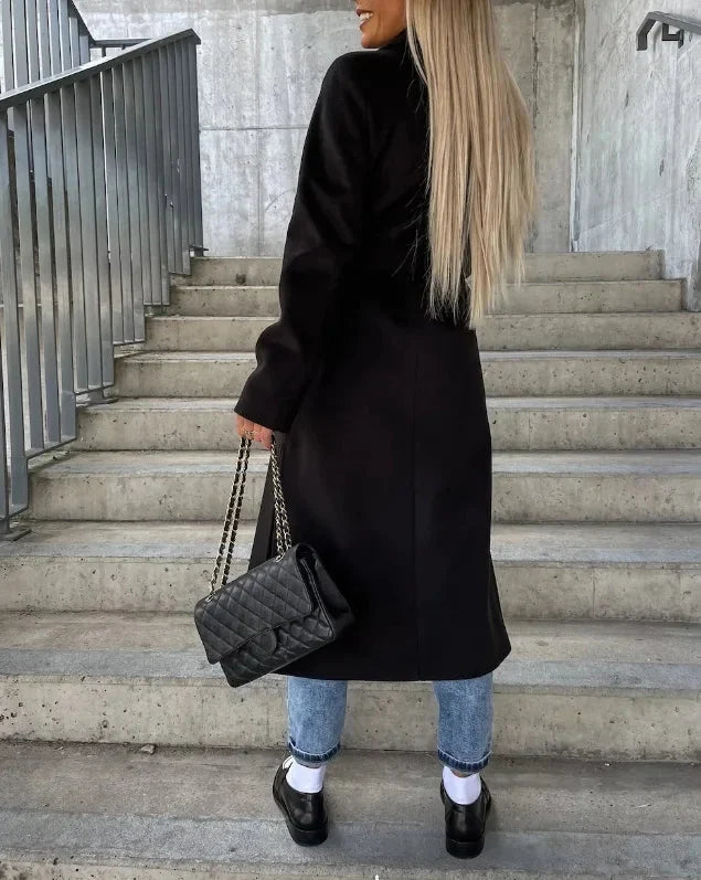 Women's long coat, double breasted belted notch lapel, view 1
