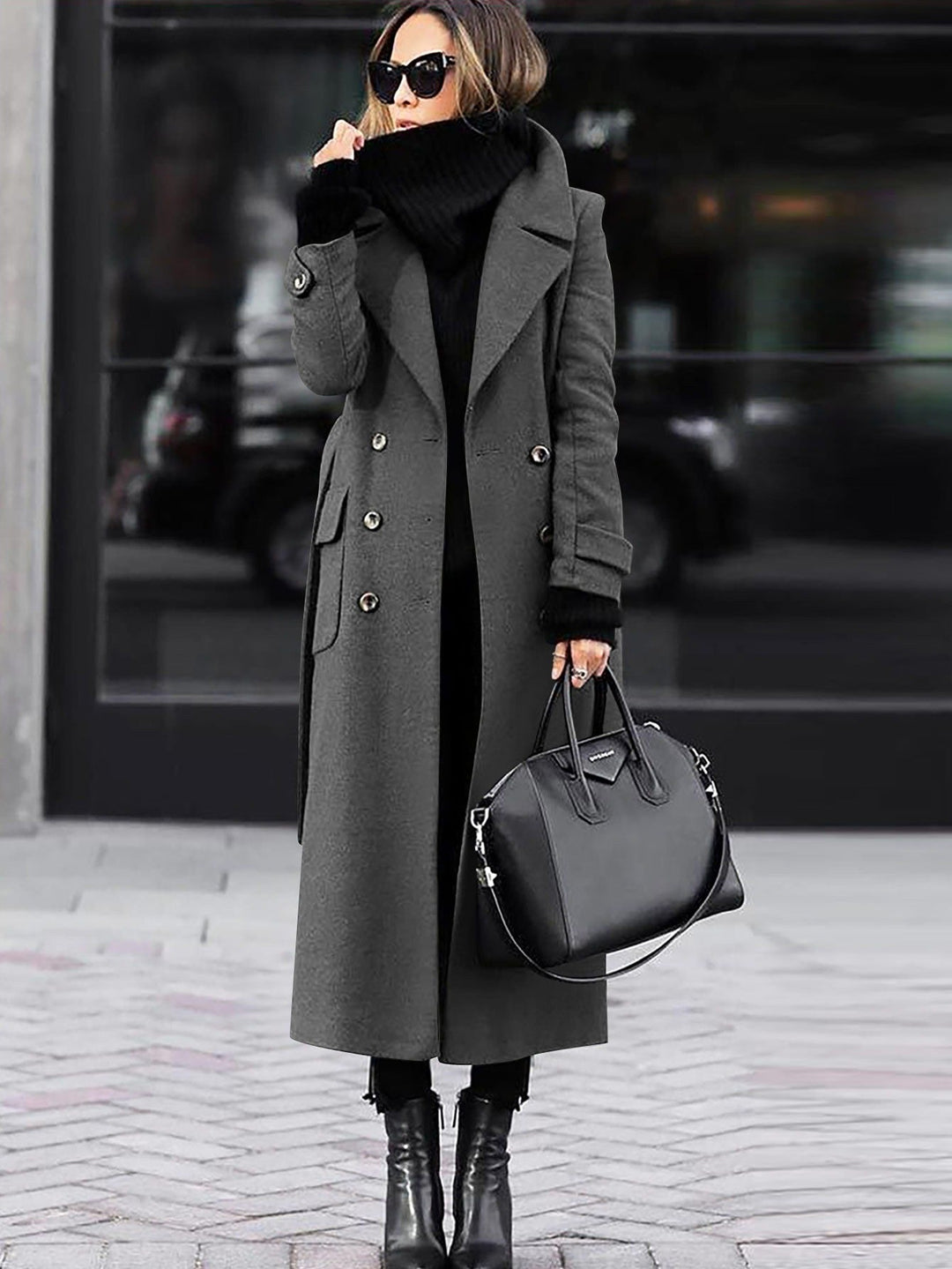 Charcoal long double breasted coat styled with a black scarf