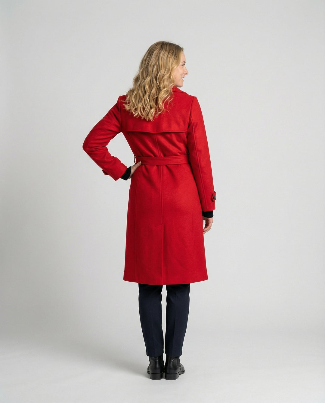 Back view of the red long coat reaching below the knee