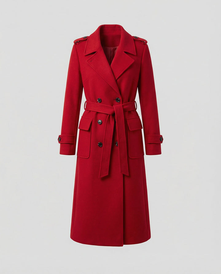 Red full length coat laid out flat, front view