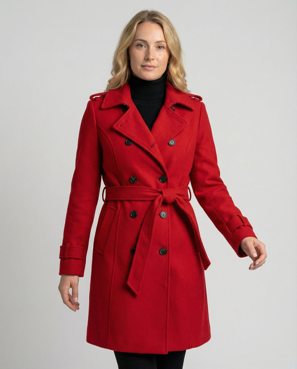 Red double breasted coat with notch lapels, upper body view