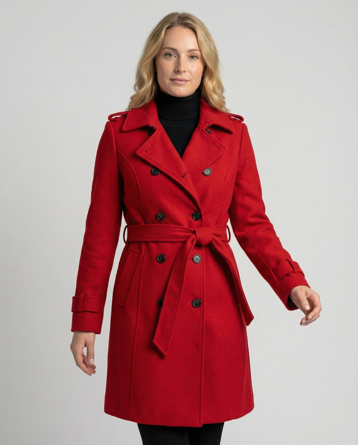 Red double breasted coat with notch lapels, upper body view
