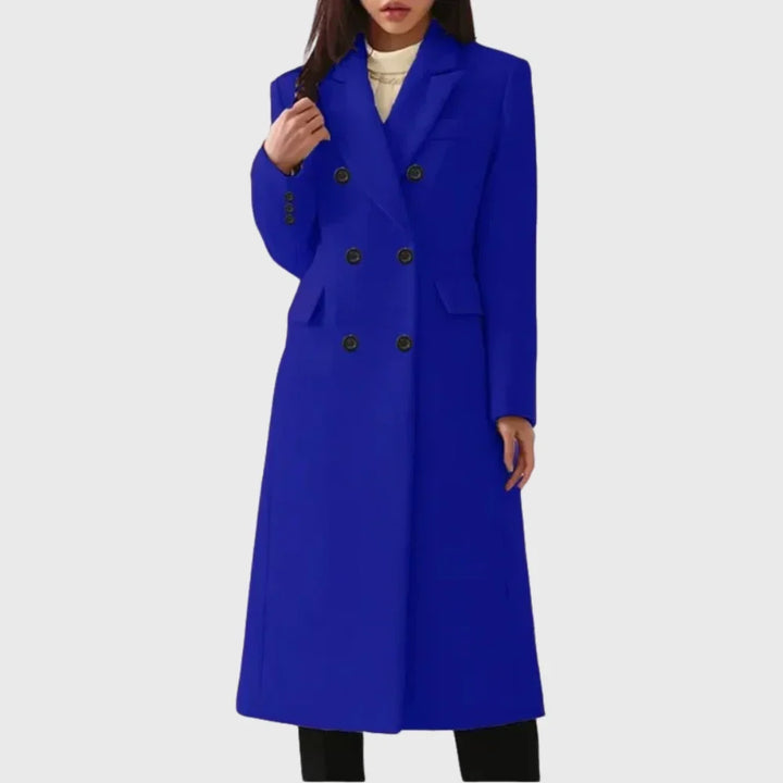 Women's long coat in blue, double breasted notch lapel longline