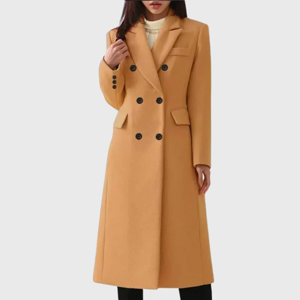 Women's long coat in brown, double breasted notch lapel longline