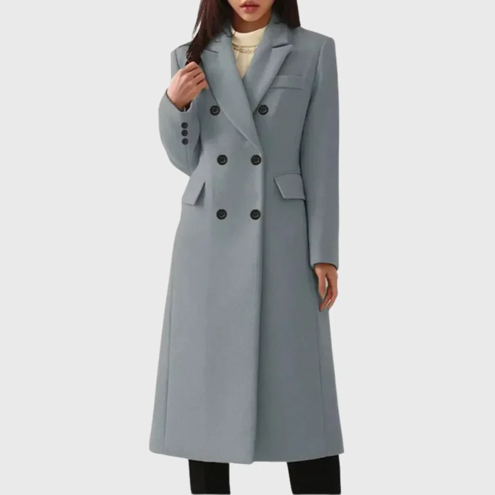 Women's long coat in grey, double breasted notch lapel longline