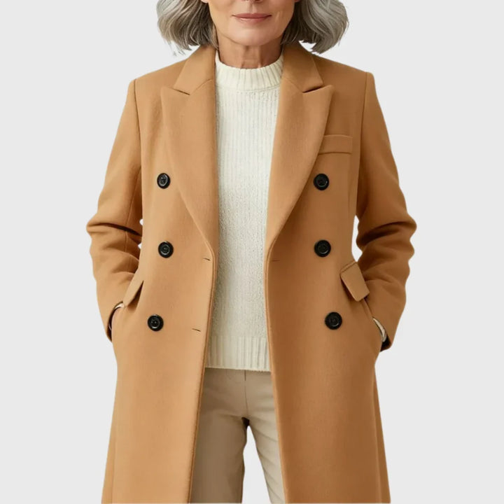 Women's long coat, double breasted notch lapel longline, view 1