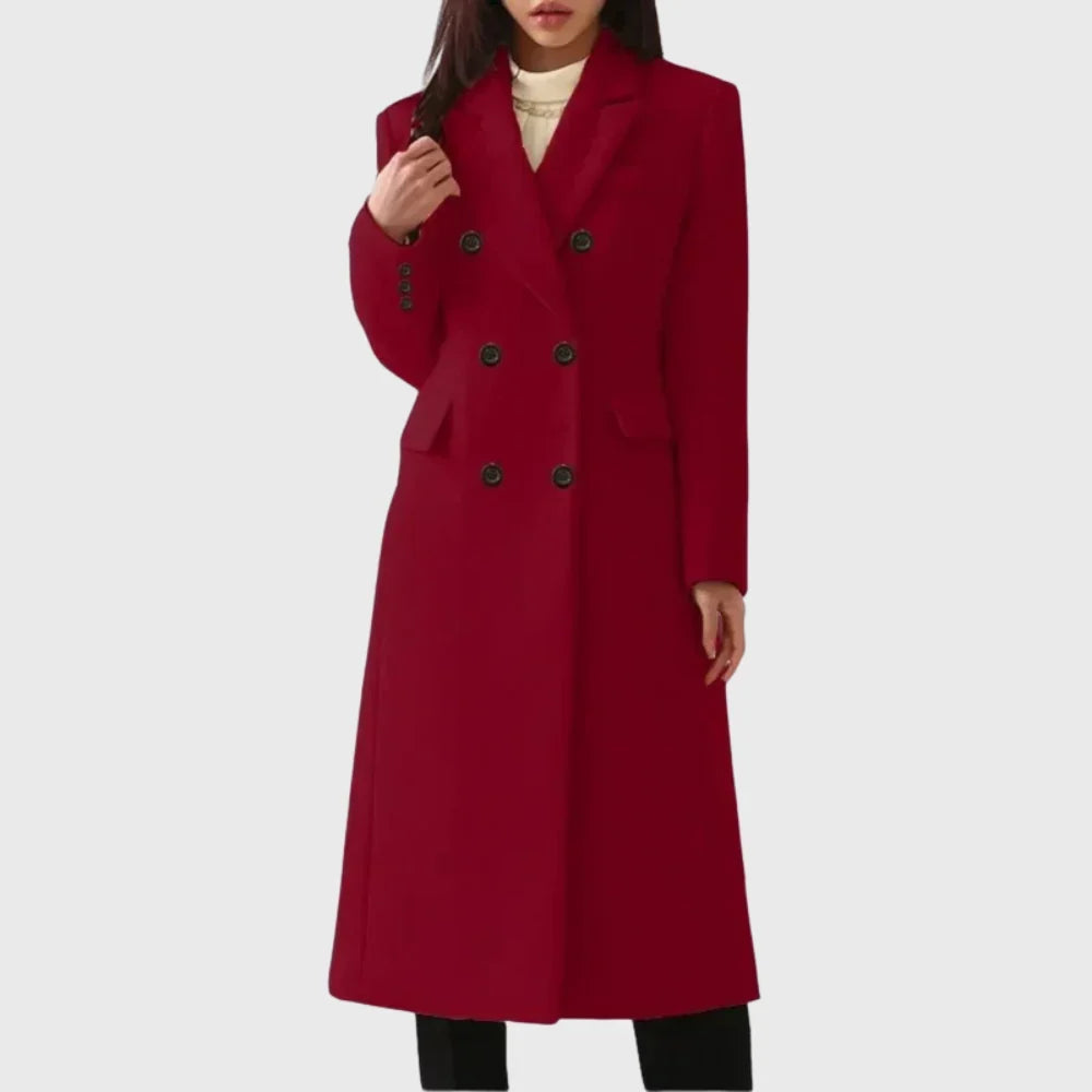 Women's long coat in red, double breasted notch lapel longline