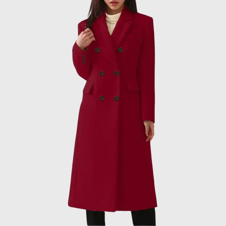 Women's long coat in red, double breasted notch lapel longline