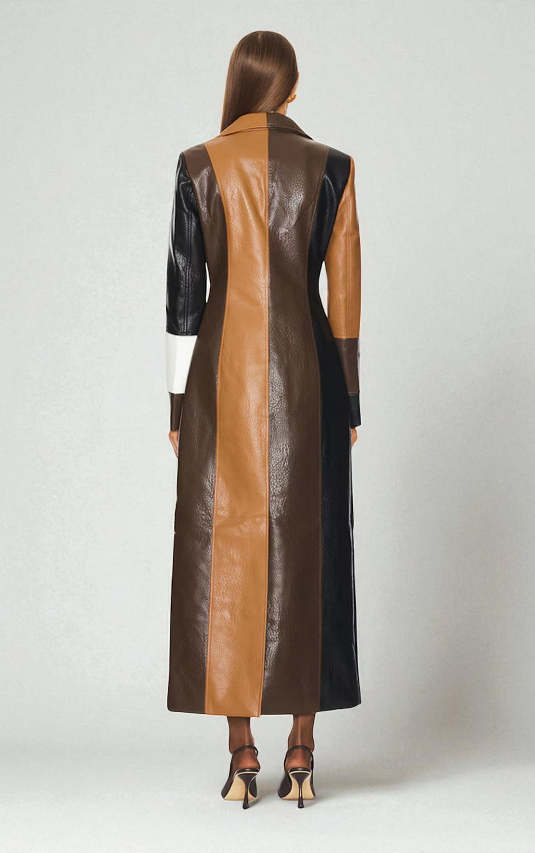Back of the patchwork coat with vertical tan and chocolate panels
