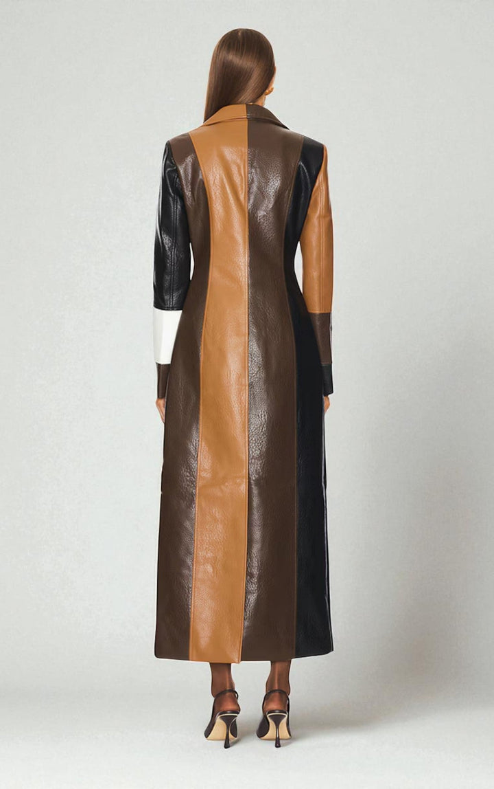 Back of the patchwork coat with vertical tan and chocolate panels