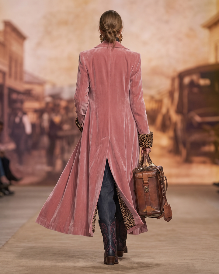 Back view of the pink long coat with a centre vent and a flared skirt