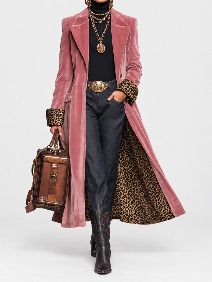 Women's long coat in pink with notch lapels and a leopard print lining, full length front view