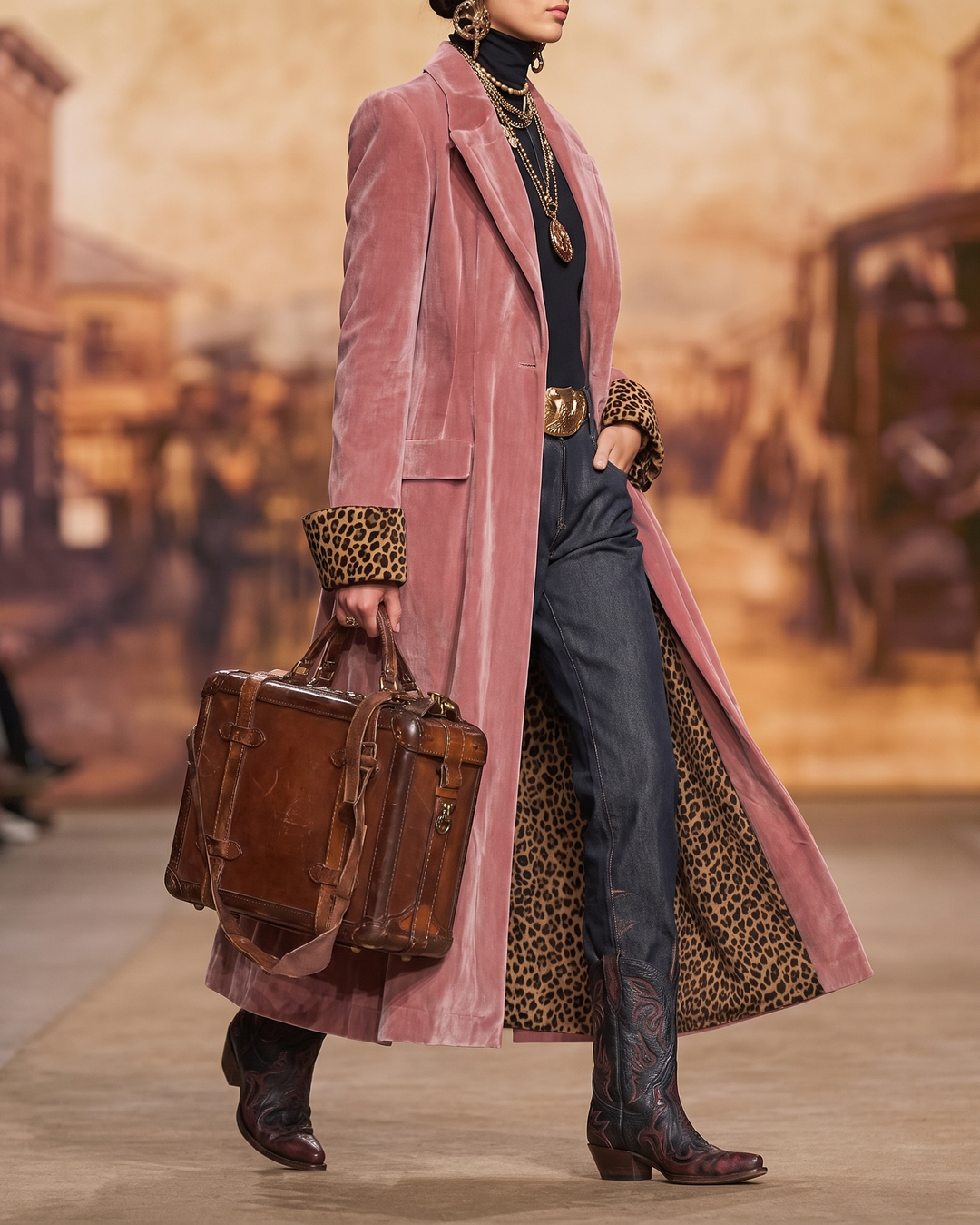 Side view of the pink longline coat with the leopard print lining showing as the model walks