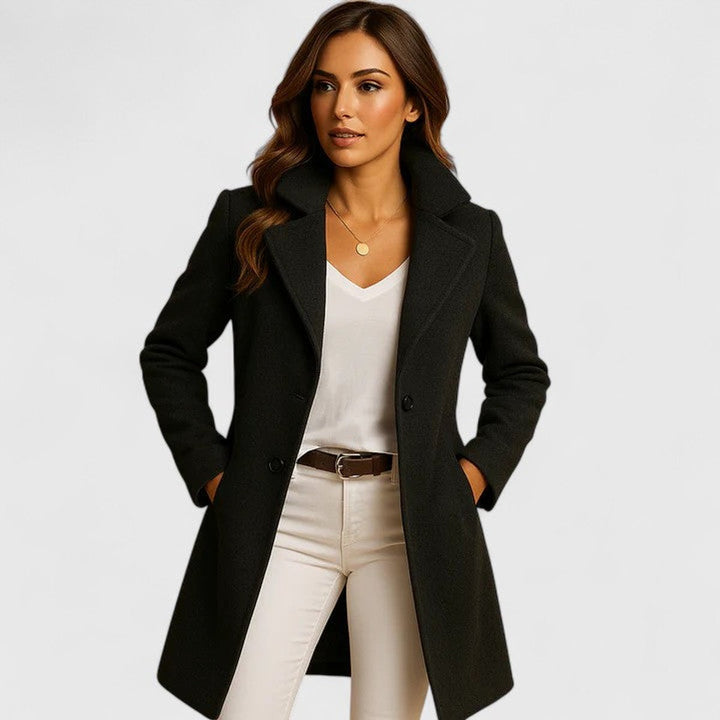 Women's long coat in black, notch lapel double breasted