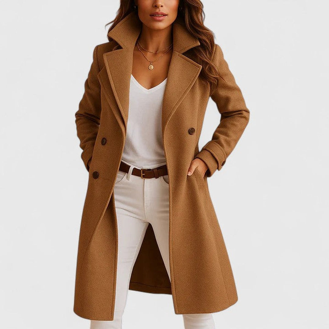 Long Coat in camel, on model