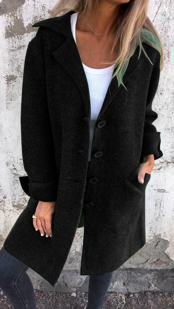 Women's long coat in black, relaxed lapel button front