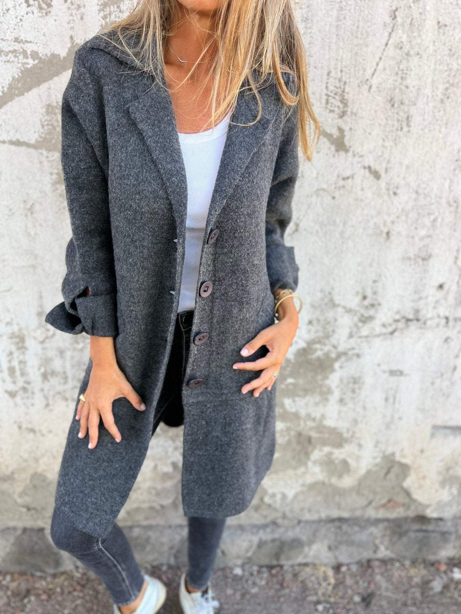 Long Coat in charcoal, on model