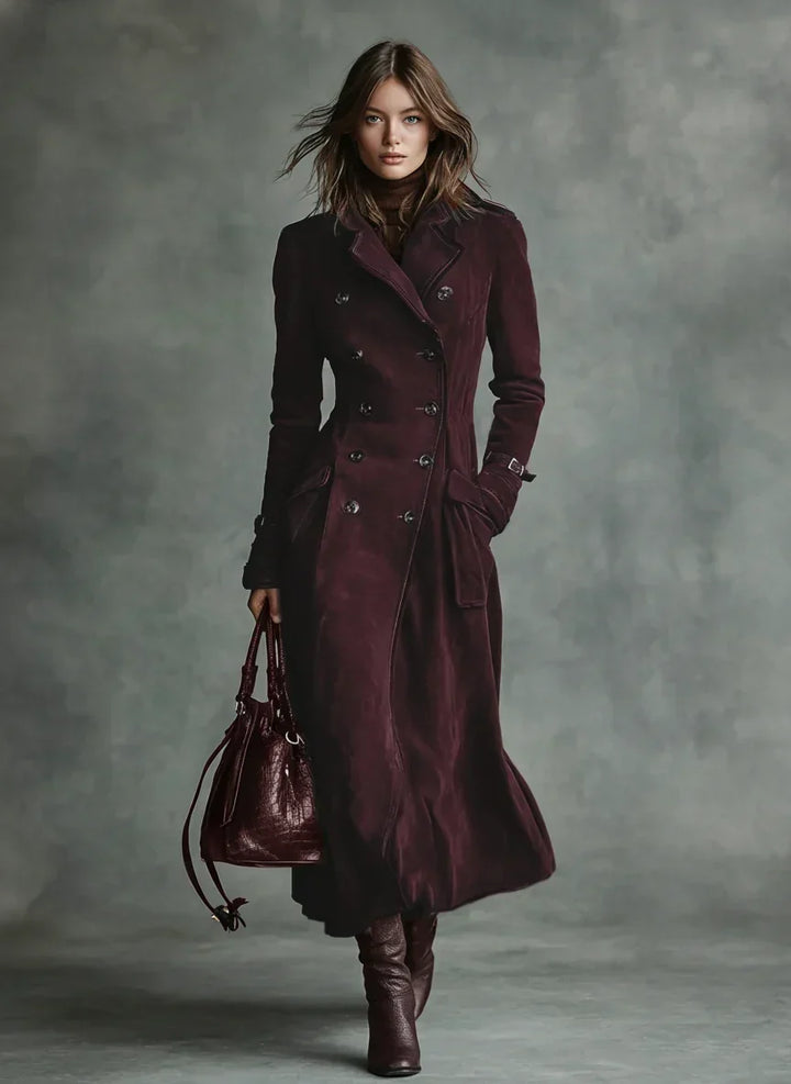 Burgundy suede-look long coat with a fitted waist and flared hem