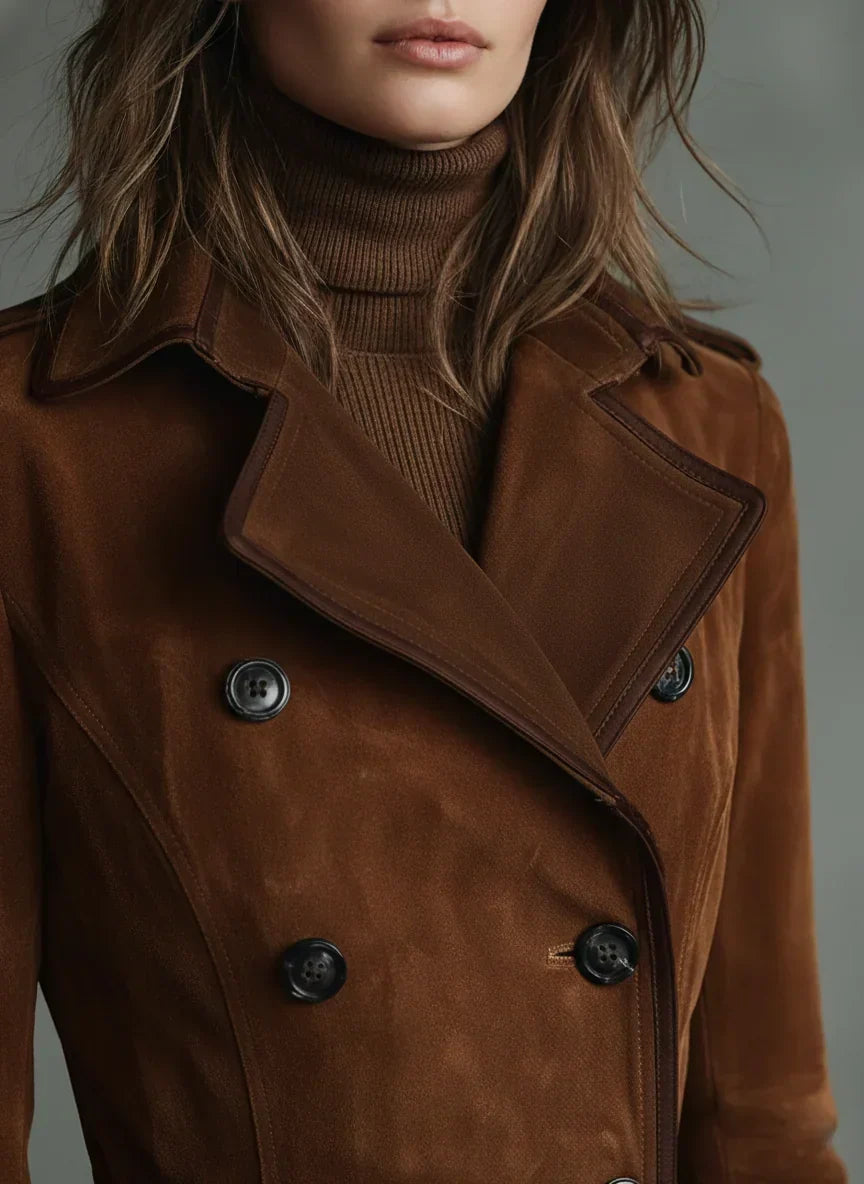 Close-up of the notch lapel and dark buttons on the cognac coat