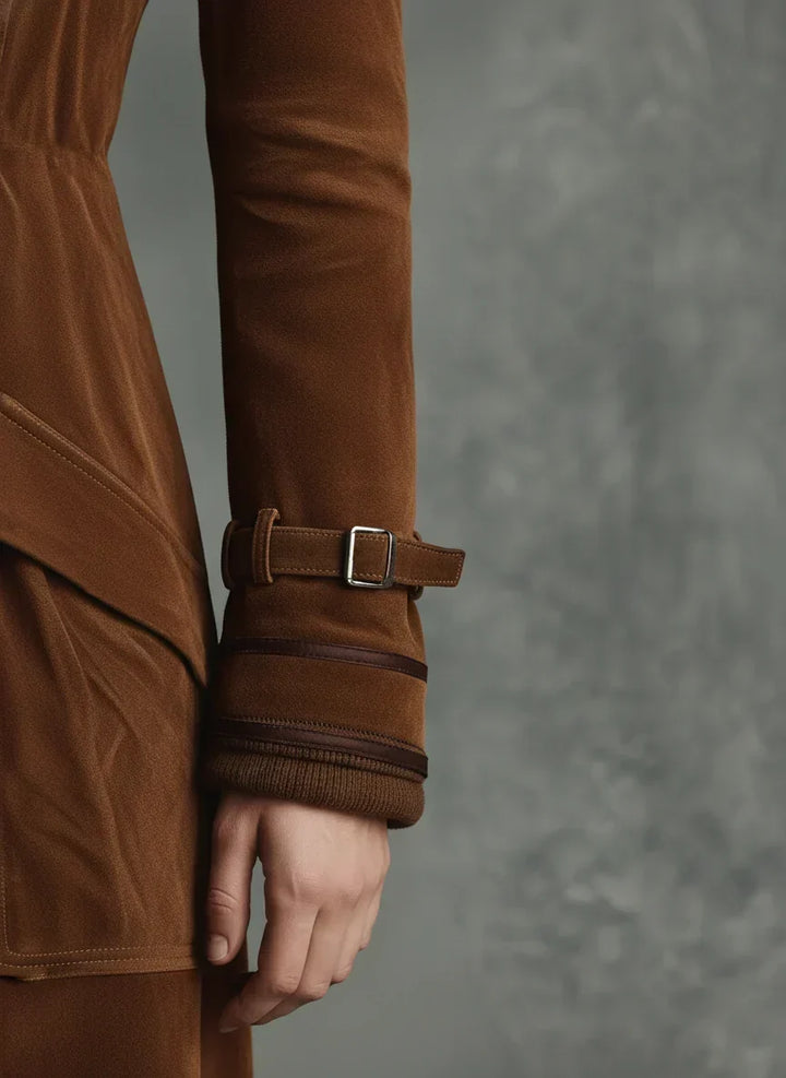 Buckled strap detail on the cuff of the cognac coat