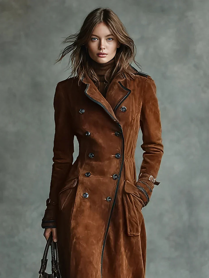 Cognac suede-look coat with contrast piping on the lapels and front