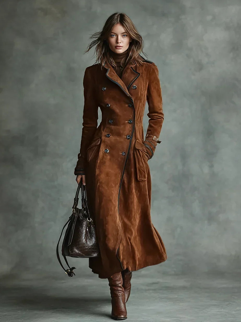 Full length view of the cognac coat with fitted waist