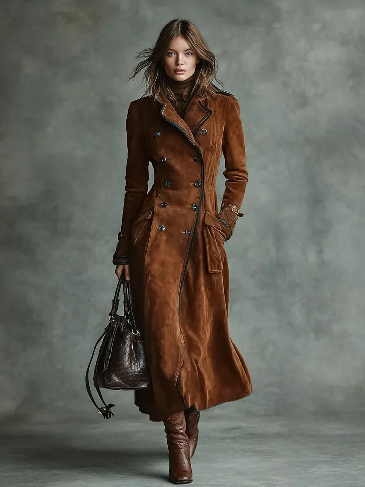 Full length view of the cognac coat with fitted waist
