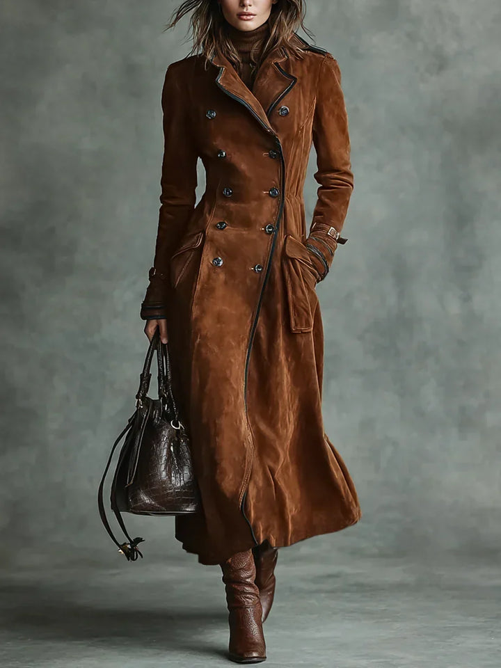 Women's long coat in cognac, suede-look double breasted with notch lapel