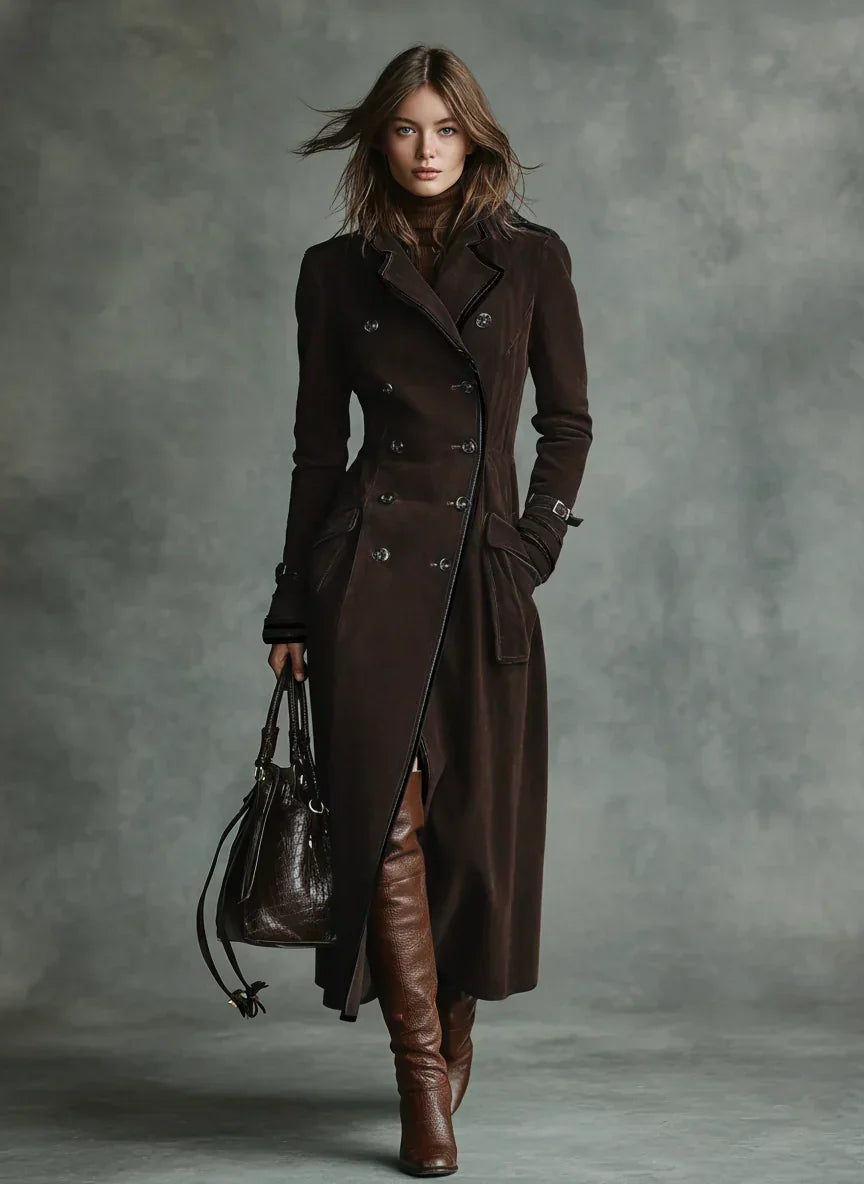 Dark brown suede-look long coat, double breasted front view