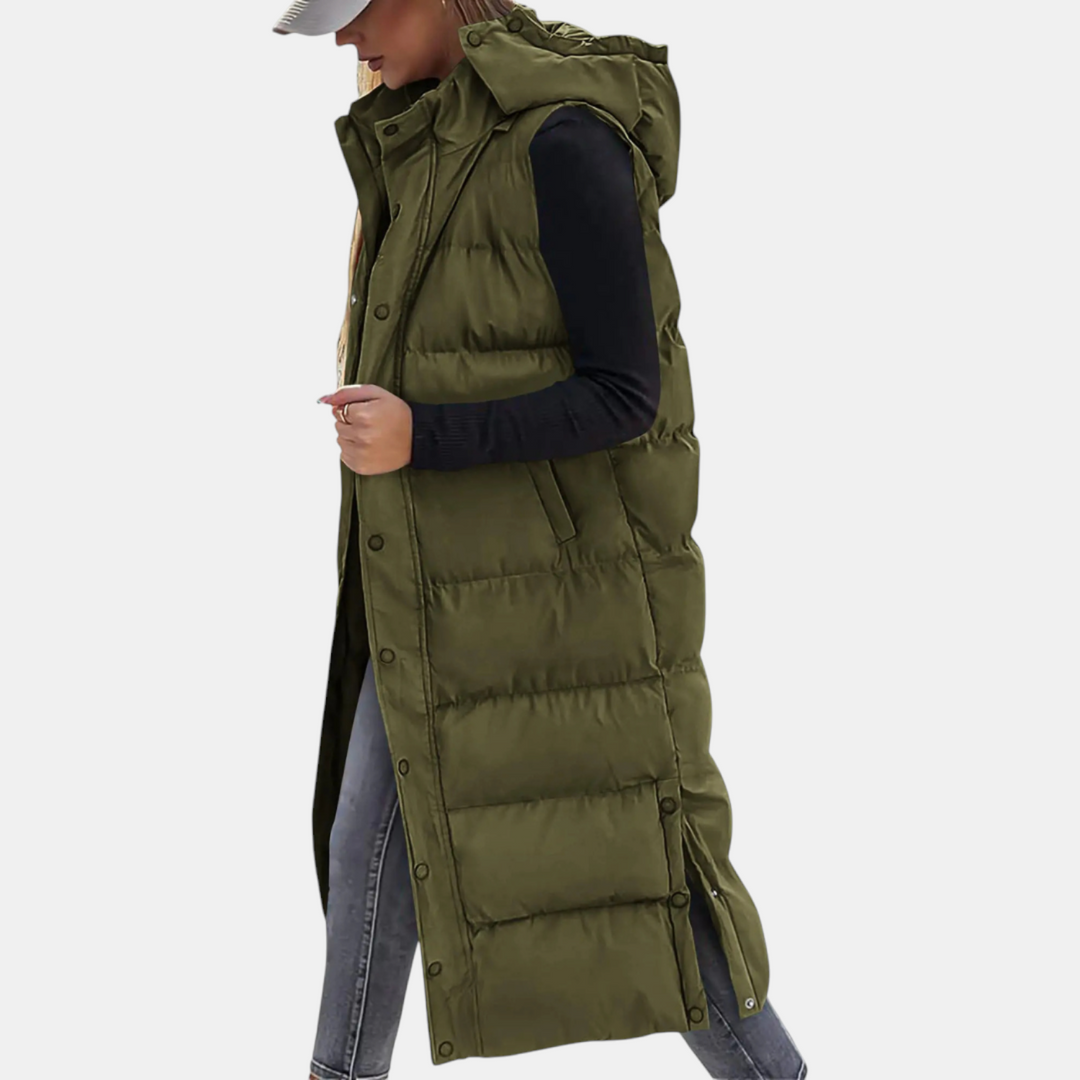 Women's long gilet in olive green, hooded puffer body warmer with side slits