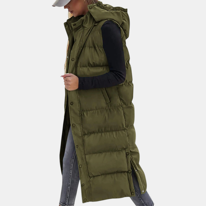 Women's long gilet in olive green, hooded puffer body warmer with side slits