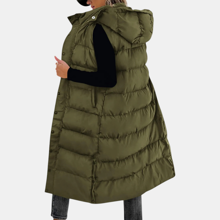 Side view of the olive green gilet with hood up