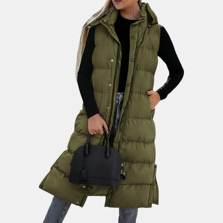 Olive green gilet styled with a black handbag