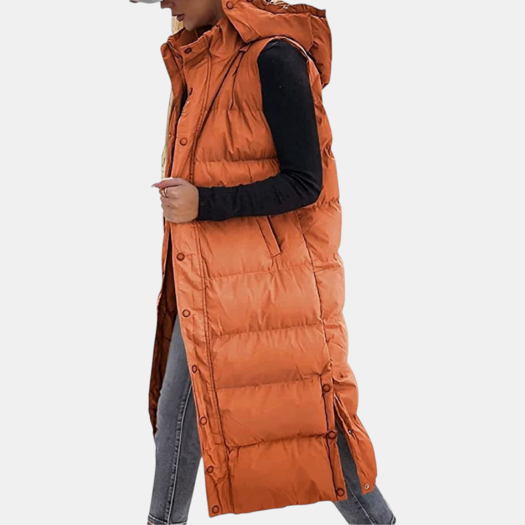Orange hooded gilet showing the snap side slits